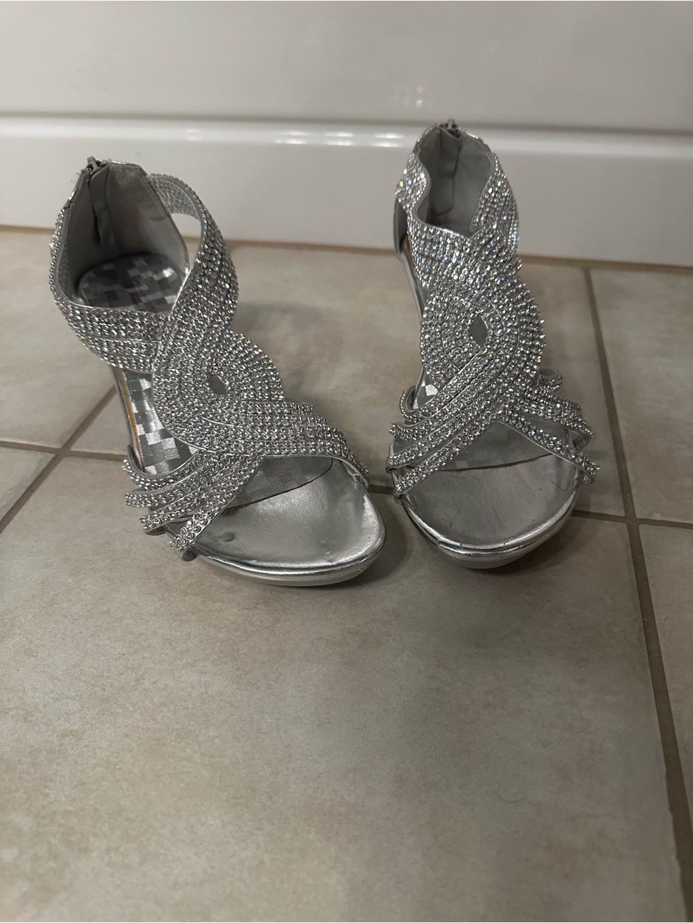 Delisacy Silver Rhinestone Evening Heels - Women Shoes